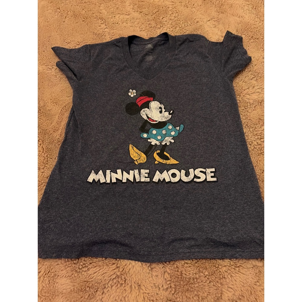 Disney Minnie Mouse Graphic T-Shirt Womens Small V-Neck Charcoal Gray Heathered